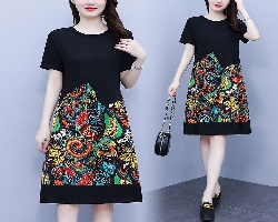 印花拼接連衣裙